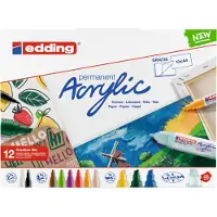 Edding Acrylverf stiften starterset - 12 acryl markers - Brede beitelpunt - Inclusief kleurblok