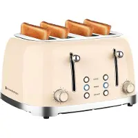 Kitchenbrothers Retro Broodrooster - Toaster - 6 Warmteniveaus - 4 Extra Brede Sleuven - 1630W - Beige