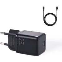 JOYROOM kleines Schnellladegerät USB Type C PD 25W EU Stecker schwarz + USB Type C - USB Type C Kabel (L-P25