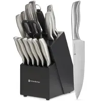 Kitchenbrothers Messenset - Messenblok - 16-Delig - met Schaar en Aanzetstaal - Zilver/ RVS