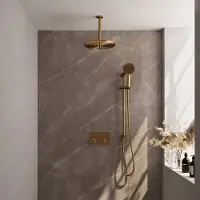 Brauer Gold Edition thermostatische inbouw regendouche met drukknoppen SET 72 met 30 cm douchekop en plafondarm en 3-standen handdouche en doucheslang en geïntegreerde glijstang goud geborsteld PVD