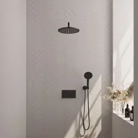 Brauer Black Carving thermostatische inbouw regendouche met 3 standen handdouche, gebogen muurarm en hoofddouche 30cm set 58 zwart mat