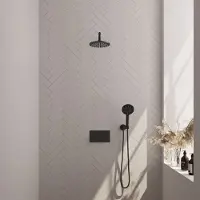 Brauer Black Carving thermostatische inbouw regendouche met 3 standen handdouche, gebogen muurarm en hoofddouche 20cm set 57 zwart mat