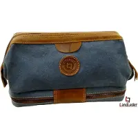 Landleder Toilettas - - Luxe Canvas / Lederen Toilettas met Dubbele Bodem - "Sailcloth"- Blue - afmeting: 27 x 13 x 17 cm .