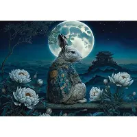 Consalnet Vliesbehang - Fotobehang - Konijn - Nacht - Donker - Maan - Bloemen - Landschap - 368x184cm