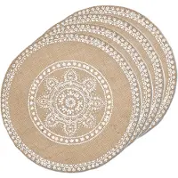 Zeller Placemats met mandala print - 6x - jute look stof - rond - D38 cm - Placemats