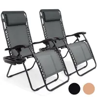 LifeGoods Opvouwbare Relaxstoelen – Set van 2 – 30°-90° Verstelbaar – Metaal - Met Beker- en Telefoonhouder – Donkergrijs