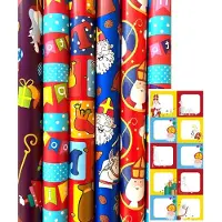 Benza Sinterklaas Sint Inpakpapier Cadeaupapier - 70 cm x 3 meter - 6 rollen - Incl. 20 naamstickers