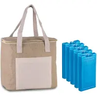 Kimood Grote koeltas jute/canvas 12 liter en 28 x 25 x 17 cm met 5x stuks koelelementen blauw - Koeltas