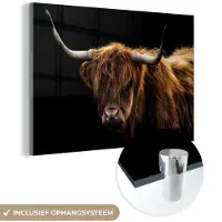 MuchoWow Glasschilderij Schotse Hooglander - Horens - Zwart - Dieren - Koe - Woonkamer - 180x120 cm - Foto op glas - Wanddecoratie glas - Kamer decoratie - Glasplaat - Muurdecoratie