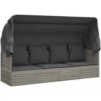 vidaXL Loungebed met luifel en kussens poly rattan grijs