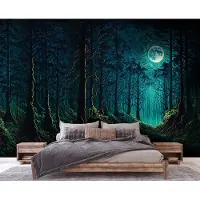 Consalnet Vliesbehang - Fotobehang - Nacht - Bos - Maan - Bomen - Woud - Donker - 254x416 cm (Hoogte x Lengte)