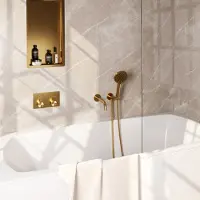 Brauer Gold Edition thermostatische inbouw badkraan met drukknoppen SET 04 met uitloop en 3-standen handdouche en doucheslang en wandaansluitbocht goud geborsteld PVD