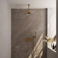 Brauer Carving Inbouw Doucheset - Staafhanddouche - 20cm Hoofdouche - Plafondbuis - Wandsteun - Geborsteld Goud PVD - Messing - Kranen, Douchekranen, - Kranen, Douchekranen, Douchesets, Inbouw