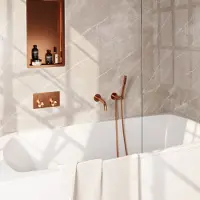 Brauer Copper Edition thermostatische inbouw badkraan met drukknoppen SET 03 met uitloop en staaf handdouche en doucheslang en wandaansluitbocht koper geborsteld PVD