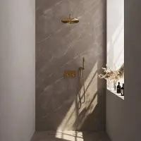 Brauer Edition Inbouw Doucheset - Staafhanddouche - 30cm Hoofdouche - Gebogen Wandarm - Wandsteun - Geborsteld Goud PVD - Messing - Kranen, - Kranen, Douchekranen, Douchesets, Inbouw douchesets