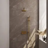 Brauer Gold Edition thermostatische inbouw regendouche met drukknoppen SET 61 met 20 cm douchekop en rechte muurarm en staaf handdouche en doucheslang en geïntegreerde glijstang goud geborsteld PVD
