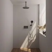 Brauer Gunmetal Carving thermostatische inbouw regendouche met drukknoppen SET 60 met 30 cm douchekop en plafondarm en 3-standen handdouche en doucheslang en wandaansluitbocht gunmetal geborsteld PVD