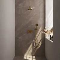Brauer Gold Edition thermostatische inbouw regendouche met drukknoppen SET 55 met 20 cm douchekop en rechte muurarm en 3-standen handdouche en doucheslang en wandaansluitbocht goud geborsteld PVD