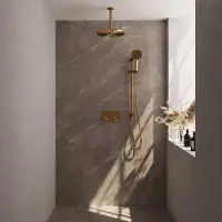 Brauer Gold Carving thermostatische inbouw regendouche met drukknoppen SET 72 met 30 cm douchekop en plafondarm en 3-standen handdouche en doucheslang en geïntegreerde glijstang goud geborsteld PVD