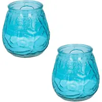 Arti Casa Set van 3x stuks Citronella lowboy tuin kaarsen in blauw glas 10 cm - Anti muggen/insecten artikelen