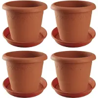 Hega hogar 4x stuks bloempotten met onder opvangschaal in kleur terra cotta - rond diameter pot 40 cm - Plantenpotten/bakken