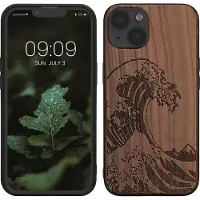 Kwmobile telefoonhoesje geschikt voorApple iPhone 13 - Hoesje met bumper - hout - In donkerbruin Golven op Hout design