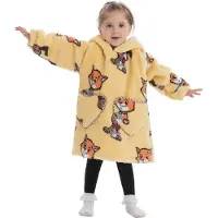 Badrock Katten & honden fleece hoodie deken met mouwen - fleece poncho voor kinderen – Draagbare deken - fleece plaid met mouwen - maat 98/128 – lengte 60 cm – warm & zacht – relax outfit kids– geel -