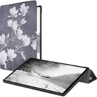 Kwmobile tablet hoes met standaard - geschikt voor Samsung Galaxy Tab S7 Plus / Tab S7 FE - Tablet houder van kunstleer - In taupe / wit / donkergrijs Magnolia design