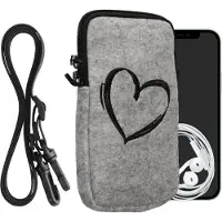 Kwmobile Tasje voor smartphones L - 6,5" - Hoesje van vilt in zwart / lichtgrijs - Phone case met nekkoord - Brushed Hart design