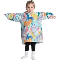 Badrock Zebra fleece hoodie deken met mouwen - fleece poncho voor kinderen – fleece plaid met mouwen - maat 98/128 – lengte 60 cm – warm & zacht – relax outfit kids – multicolor -