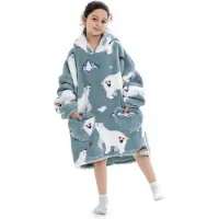 Badrock Ijsbeer fleece hoodie deken met mouwen kind – fleece poncho kind – plaid met mouwen - maat 128/152 – lengte 75 cm - chillen – Warm & zacht – relax outfit kids – grijs/blauw -