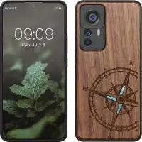 Kwmobile telefoonhoesje geschikt voorXiaomi 12T / 12T Pro - Hoesje met bumper - hout - In donkerbruin Parelmoer kompas design