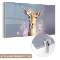 MuchoWow Glasschilderij 160x80 cm - Schilderij acrylglas - Hert - Bloemen - Verf - Portret - Dieren - Foto op glas - Schilderijen