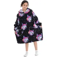 Badrock Wolven/Husky fleece hoodie deken met mouwen kind – fleece poncho kind – plaid met mouwen - maat 128/152 – lengte 75 cm - chillen – Warm & zacht – relax outfit kids – zwart -
