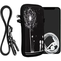 Kwmobile Tasje voor smartphones XXL - 7" - Hoesje van neopreen in wit / zwart - Phone case met nekkoord - Paardenbloemen Liefde design