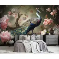 Consalnet Vliesbehang - Fotobehang - Pauw - Vogel - Bloemen - Natuur - Veren - Pauwen - Vogels - 254x416 cm (Hoogte x Lengte)