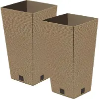 Prosperplast Plantenpot/bloempot - 2x - buiten - kunststof - lichtbruin - Eco wood look - D34 x H66 cm