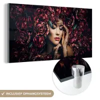 MuchoWow Glasschilderij vrouw - Bloemen - Rood - Sieraden - Henna - Foto op glas - Wanddecoratie glas - 160x80 cm - Schilderij glas - Slaapkamer - Woondecoratie