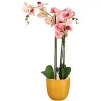 Mica Decorations Orchidee kunstplant roze - 75 cm - inclusief bloempot okergeel glans - Kunstbloemen in pot