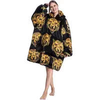 Badrock Hoodie deken - Tijgerkop fleece deken met mouwen en capuchon – fleece hoodie – fleece kleed met capuchon en mouwen – maat XS t/m XL – TV plaid met mouwen - 90 cm - zwart
