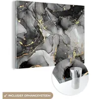 MuchoWow Glasschilderij 120x90 cm - Schilderij acrylglas - Marmer - Zwart - Goud - Grijs - Foto op glas - Schilderijen