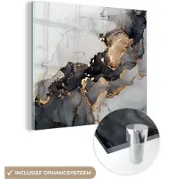 MuchoWow Glasschilderij 20x20 cm - Schilderij acrylglas - Zwart - Marmer - Luxe - Goud - Foto op glas - Schilderijen