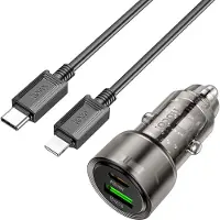 Hoco - Autolader met USB C naar Lightning Kabel (1 Meter) - Snellader 38W - PD20W + QC3.0 - Zwart