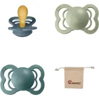 BIBS Supreme Fopspenen - Maat 1 0-6 maanden - Latex – Petrol – Island Sea– Sage + Monkiezz speenzakje