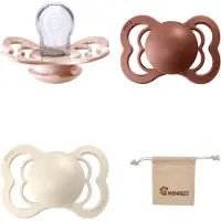 BIBS Supreme Fopspenen - Maat 1 0-6 maanden - Silicone – Blush - Woodchuck - Ivory + Monkiezz speenzakje