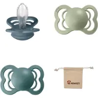 BIBS Supreme Fopspenen - Maat 1 0-6 maanden - Silicone – Petrol - Island Sea - Sage + Monkiezz speenzakje