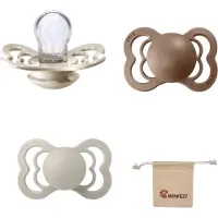 BIBS Supreme Fopspenen - Maat 1 0-6 maanden - Silicone – Vanilla - Sand – Dark Oak + Monkiezz speenzakje