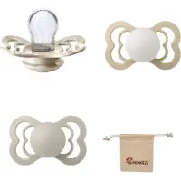 BIBS Supreme Fopspenen - Maat 2 6-18 maanden - Silicone - Vanilla - Sand – Glow in the dark Vanilla + Monkiezz speenzakje
