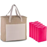 Kimood Grote koeltas jute/canvas 20 liter en 38 x 32 x 16 cm met 5x stuks koelelementen roze - Koeltas